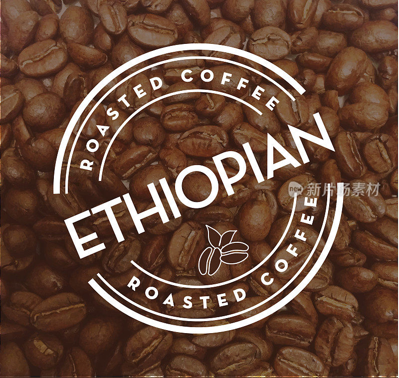 Ethiopia Coffee round labels on coffee bean textured background